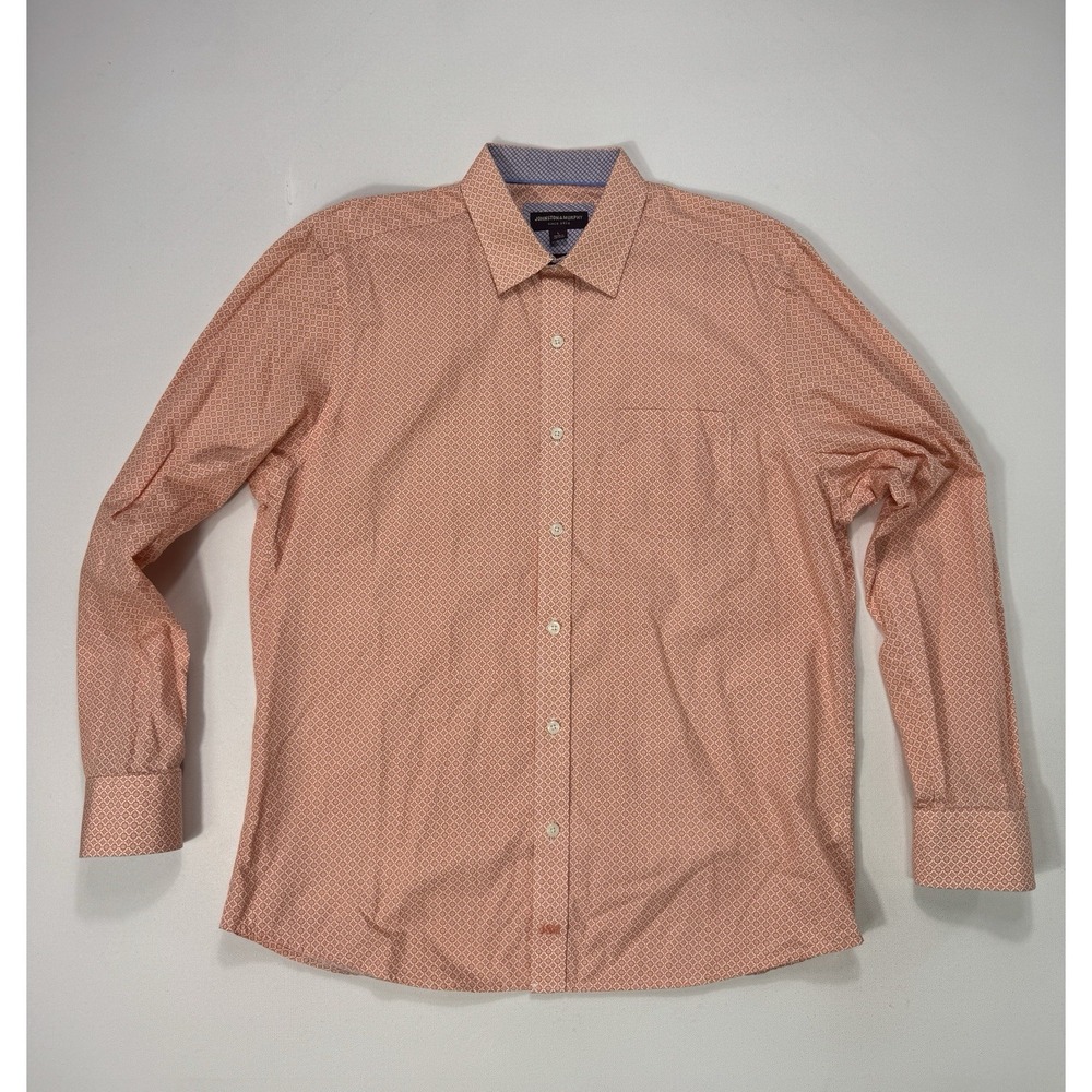 Johnston & Murphy Men Large Regent Shirt Orange White Geometric Cotton Button Up